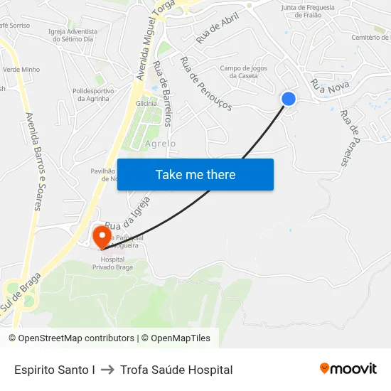 Espirito Santo I to Trofa Saúde Hospital map