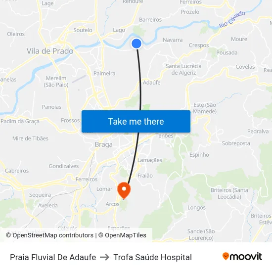 Praia Fluvial De Adaufe to Trofa Saúde Hospital map
