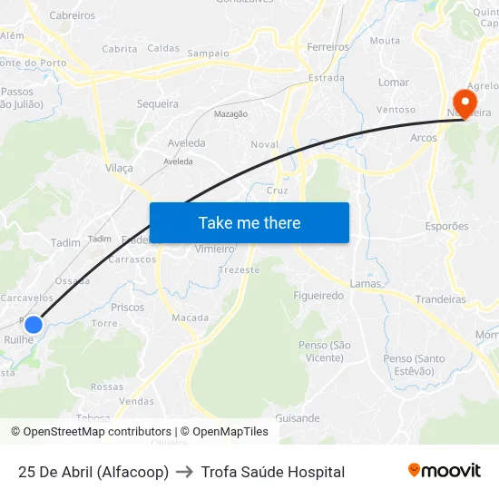25 De Abril (Alfacoop) to Trofa Saúde Hospital map