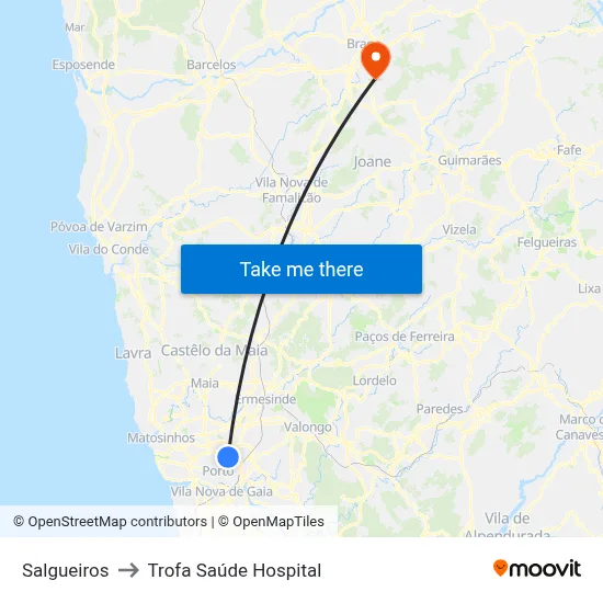 Salgueiros to Trofa Saúde Hospital map