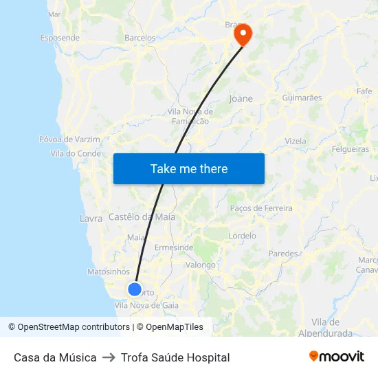 Casa da Música to Trofa Saúde Hospital map