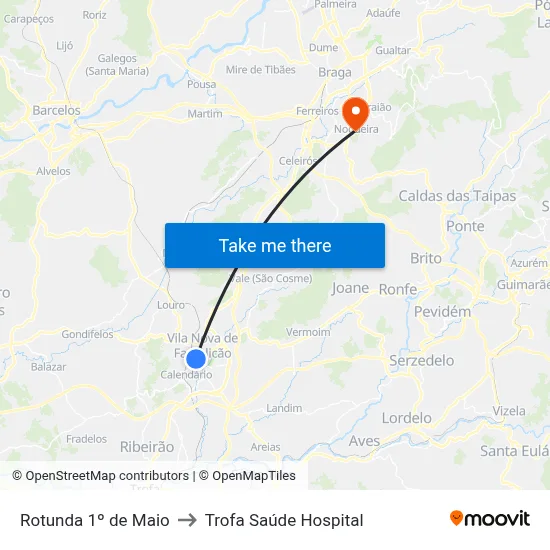 Rotunda 1º de Maio to Trofa Saúde Hospital map