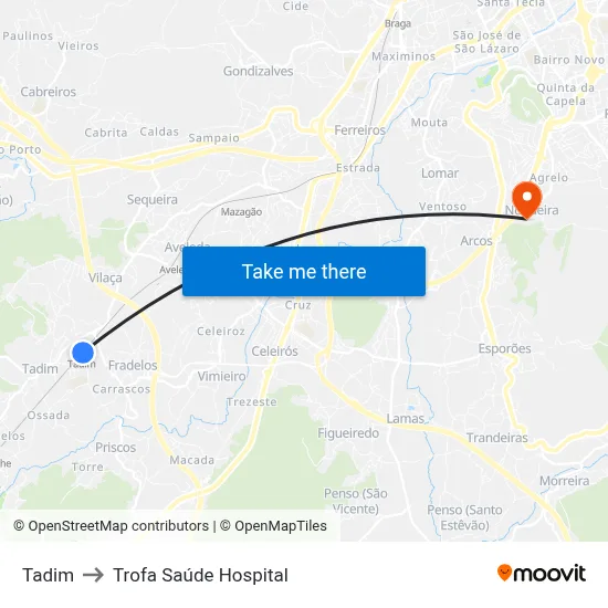Tadim to Trofa Saúde Hospital map