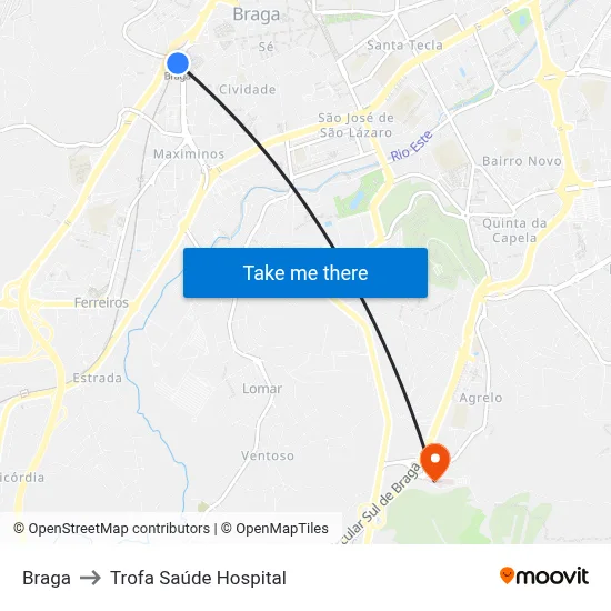 Braga to Trofa Saúde Hospital map