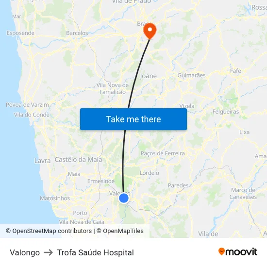 Valongo to Trofa Saúde Hospital map