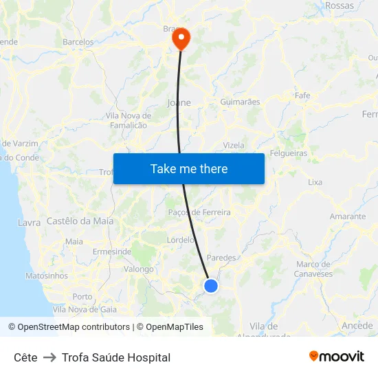 Cête to Trofa Saúde Hospital map
