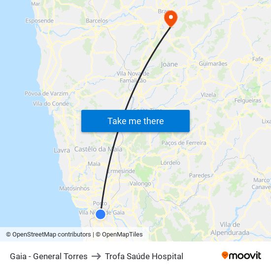 Gaia - General Torres to Trofa Saúde Hospital map