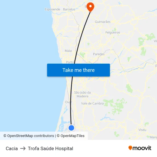 Cacia to Trofa Saúde Hospital map
