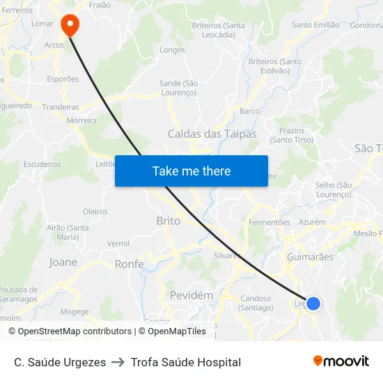 C. Saúde Urgezes to Trofa Saúde Hospital map