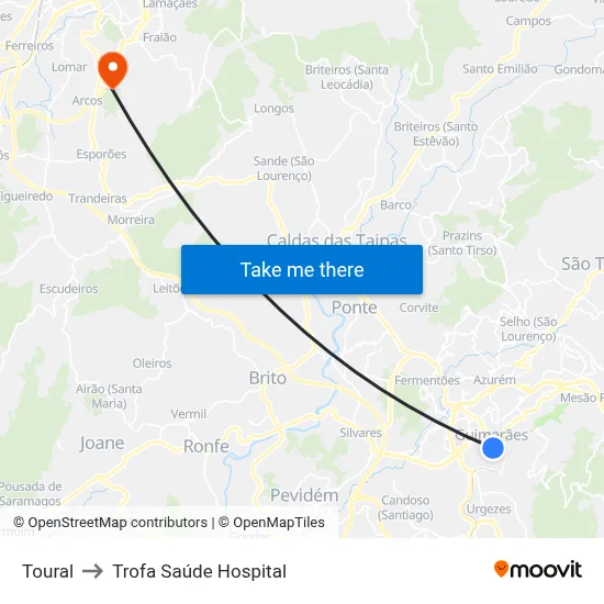 Toural to Trofa Saúde Hospital map