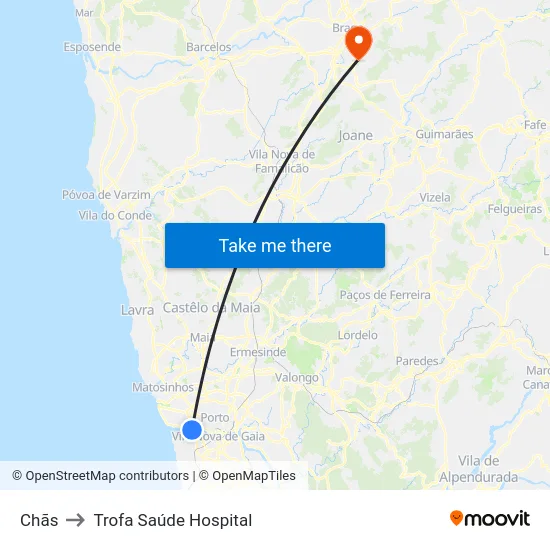 Chãs to Trofa Saúde Hospital map