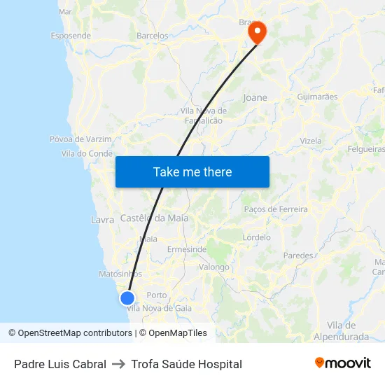 Padre Luis Cabral to Trofa Saúde Hospital map