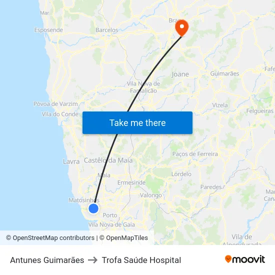 Antunes Guimarães to Trofa Saúde Hospital map