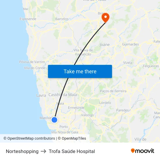 Norteshopping to Trofa Saúde Hospital map