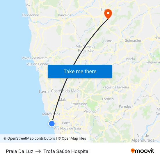 Praia Da Luz to Trofa Saúde Hospital map