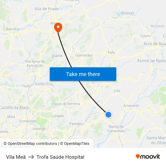 Vila Meã to Trofa Saúde Hospital map