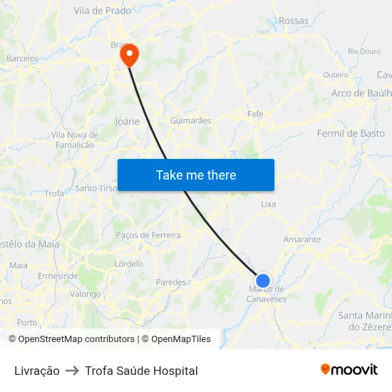 Livração to Trofa Saúde Hospital map