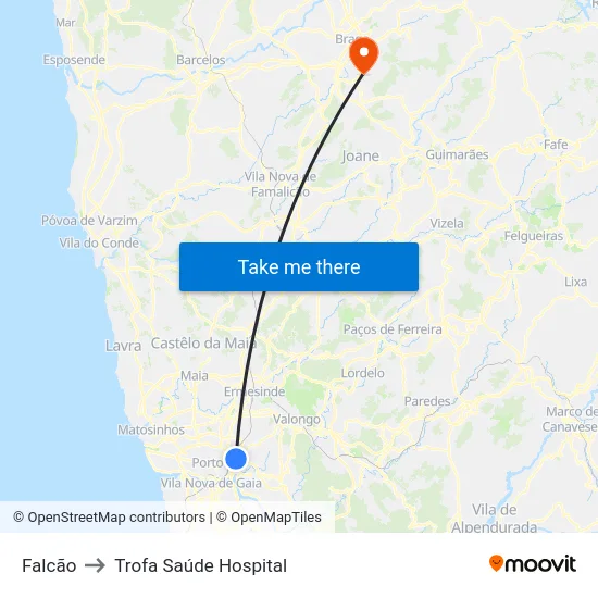 Falcão to Trofa Saúde Hospital map