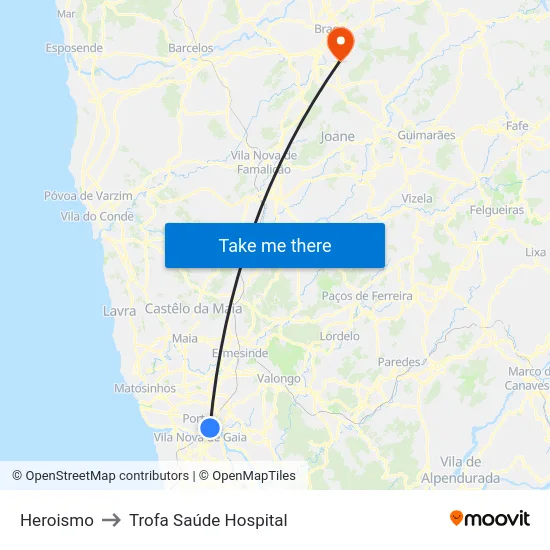 Heroismo to Trofa Saúde Hospital map