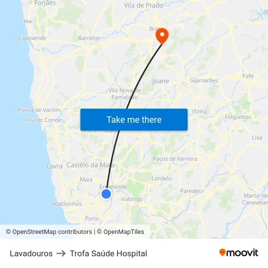Lavadouros to Trofa Saúde Hospital map