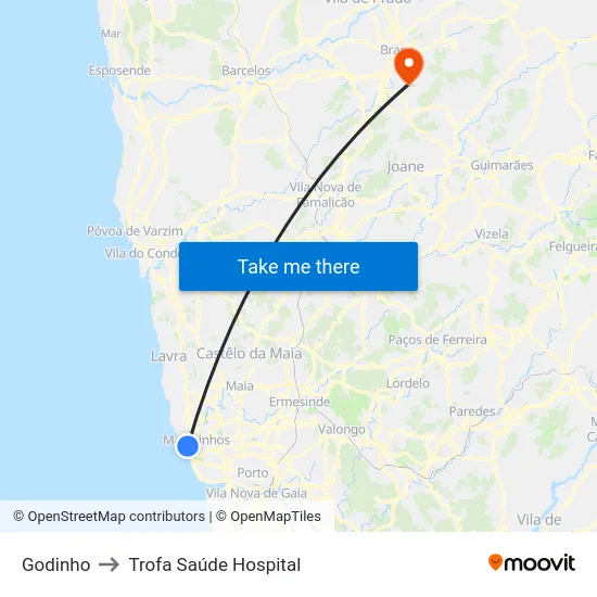 Godinho to Trofa Saúde Hospital map