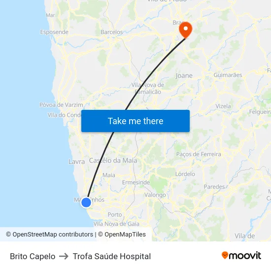 Brito Capelo to Trofa Saúde Hospital map