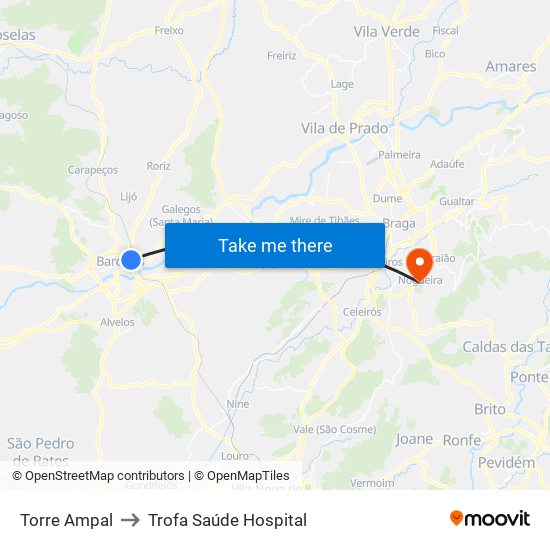 Torre Ampal to Trofa Saúde Hospital map