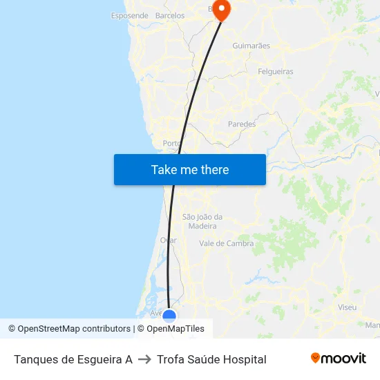Tanques de Esgueira A to Trofa Saúde Hospital map