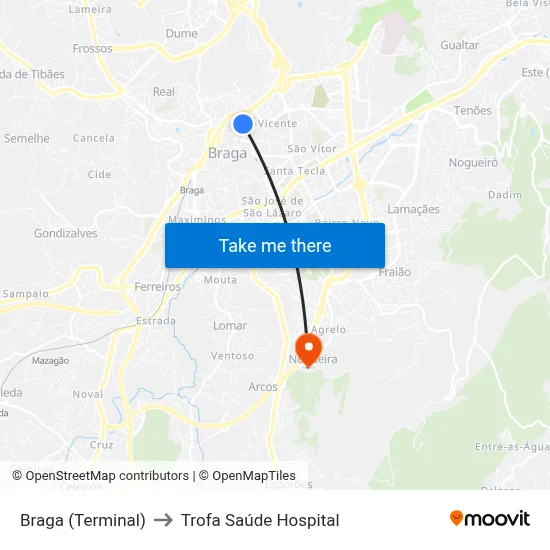Braga (Terminal) to Trofa Saúde Hospital map