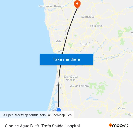 Olho de Água B to Trofa Saúde Hospital map