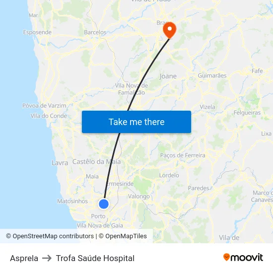 Asprela to Trofa Saúde Hospital map