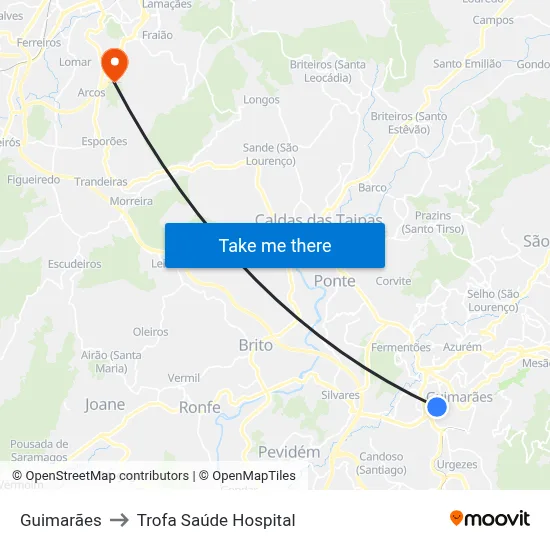 Guimarães to Trofa Saúde Hospital map