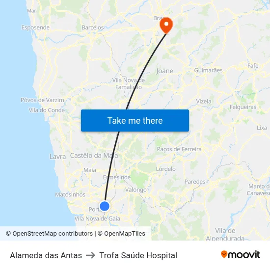 Alameda das Antas to Trofa Saúde Hospital map