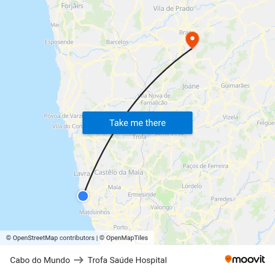 Cabo do Mundo to Trofa Saúde Hospital map