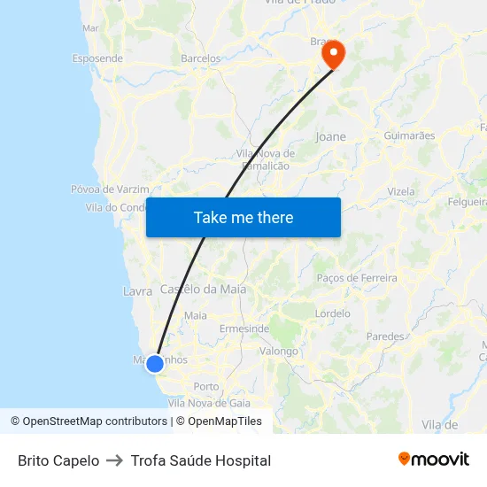 Brito Capelo to Trofa Saúde Hospital map
