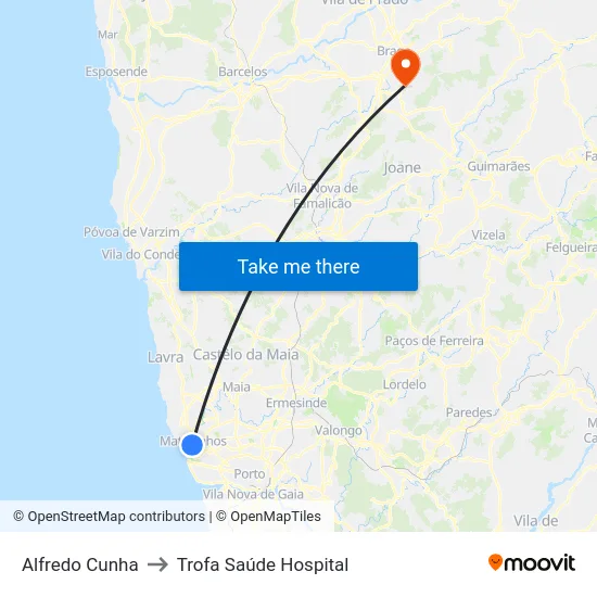 Alfredo Cunha to Trofa Saúde Hospital map