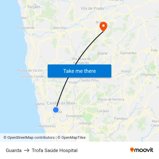 Guarda to Trofa Saúde Hospital map