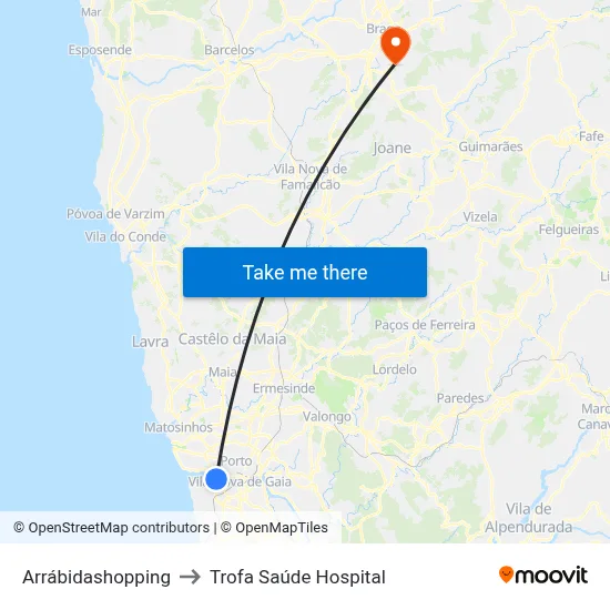 Arrábidashopping to Trofa Saúde Hospital map