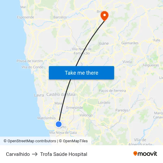 Carvalhido to Trofa Saúde Hospital map