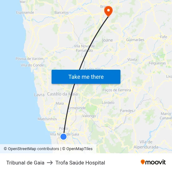 Tribunal de Gaia to Trofa Saúde Hospital map