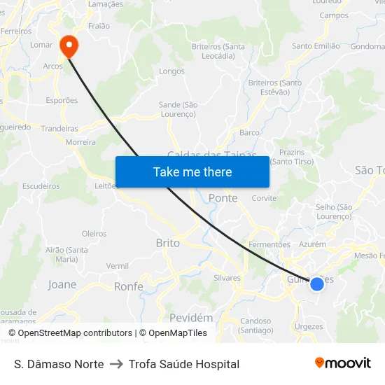S. Dâmaso Norte to Trofa Saúde Hospital map