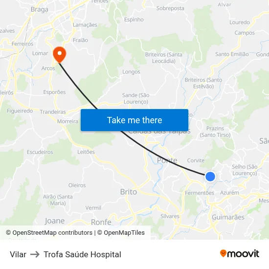Vilar to Trofa Saúde Hospital map