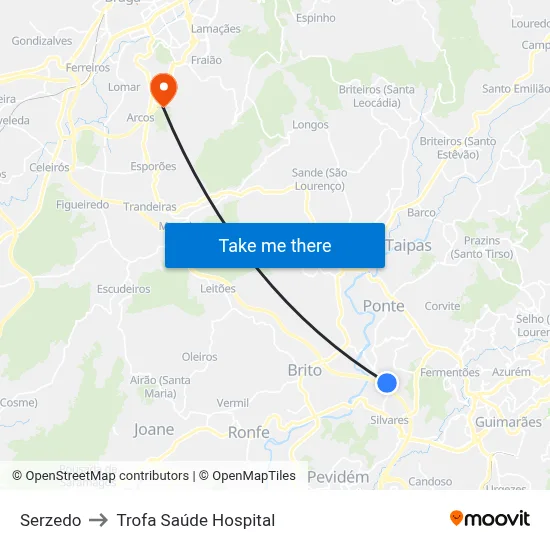 Serzedo to Trofa Saúde Hospital map