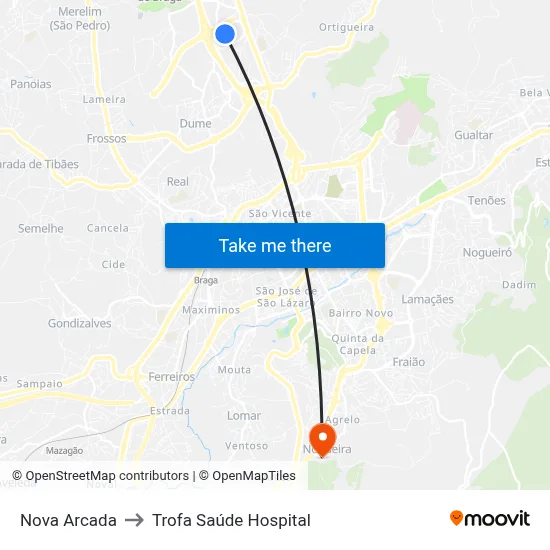 Nova Arcada to Trofa Saúde Hospital map