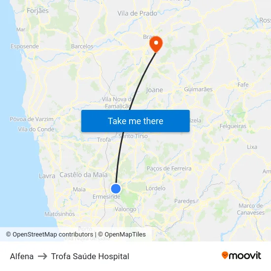 Alfena to Trofa Saúde Hospital map