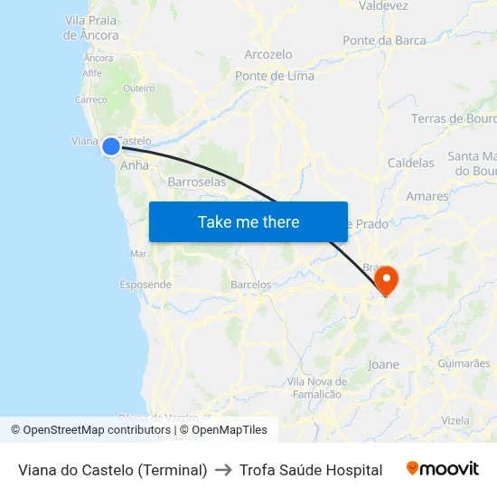 Viana do Castelo (Terminal) to Trofa Saúde Hospital map