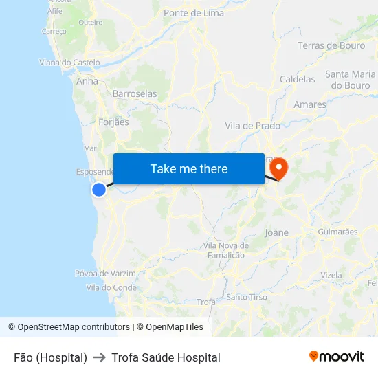 Fão (Hospital) to Trofa Saúde Hospital map