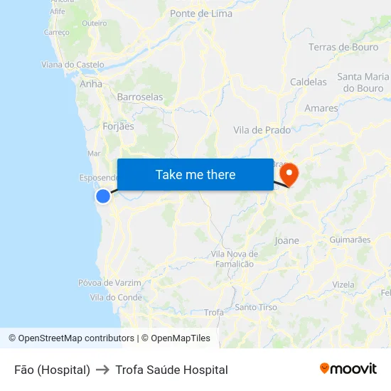 Fão (Hospital) to Trofa Saúde Hospital map