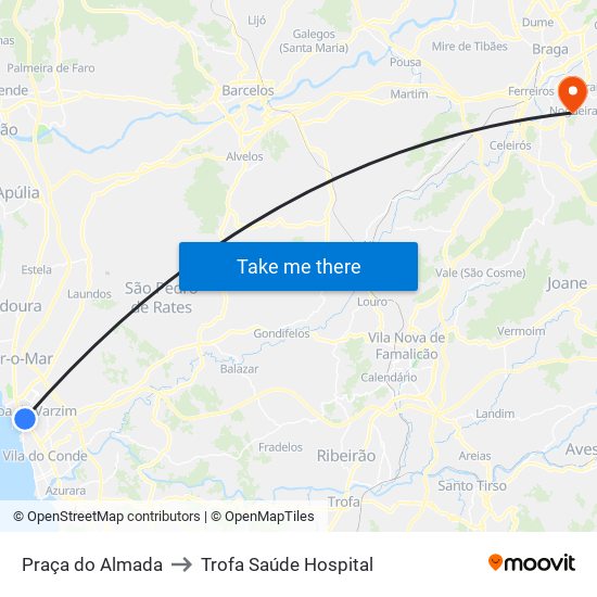 Praça do Almada to Trofa Saúde Hospital map