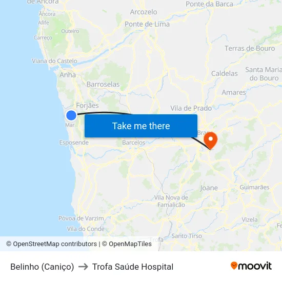 Belinho (Caniço) to Trofa Saúde Hospital map